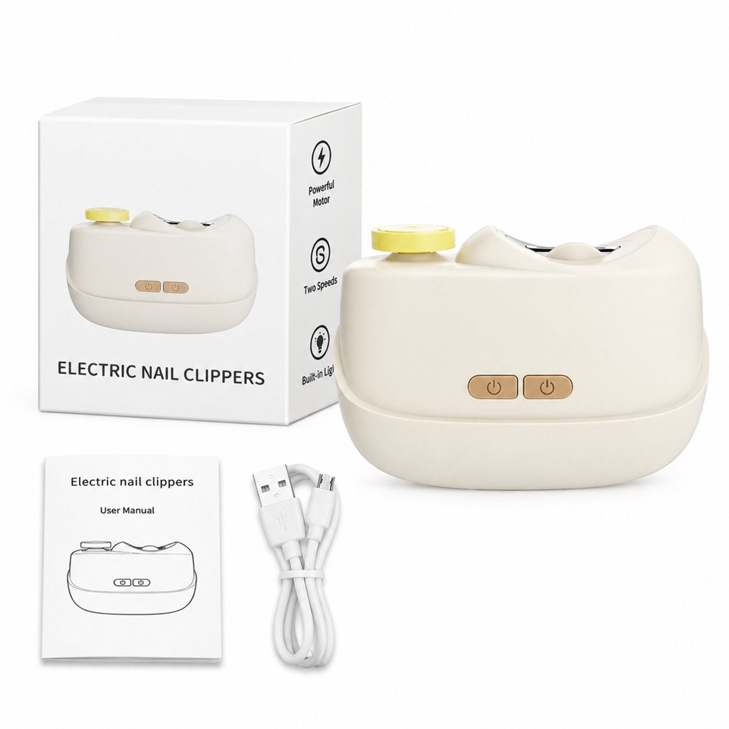 Elektrische nagelknipper - met verlichting en slijpfunctie - draagbaar mini-apparaat voor nagelverzorging - crèmegeel met twee vermogensstanden - basisverpakking