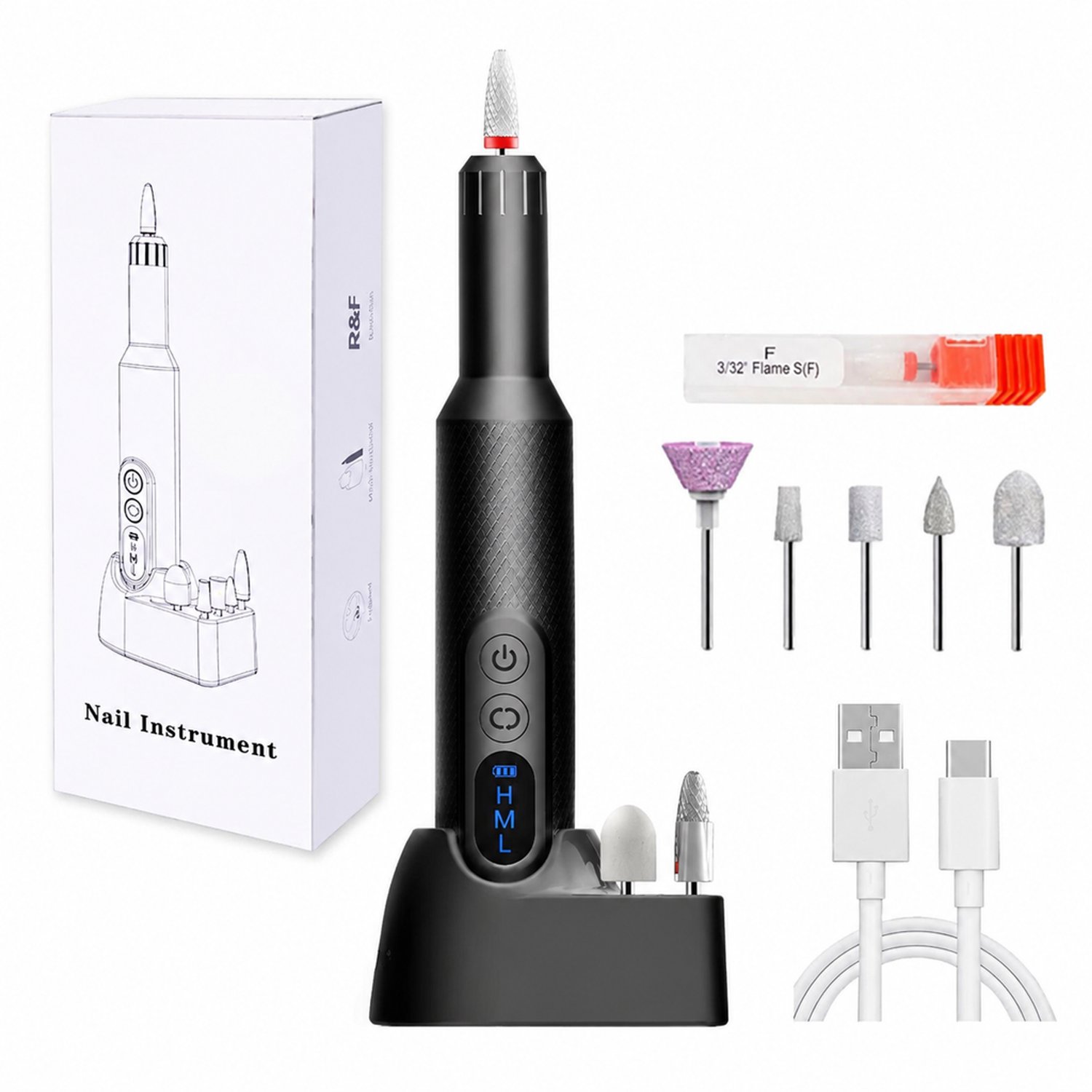 Elektrische nageltrimmer - M3 zwart - penvormig ontwerp - voor dagelijks gebruik thuis en zakelijk - inclusief 6 slijpkoppen