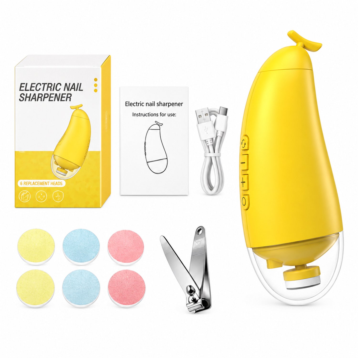 elektrische nagelknipper - 6 nagelvijlkoppen - voor dagelijks gebruik thuis - gele Engelstalige verpakking met oplaadkabel