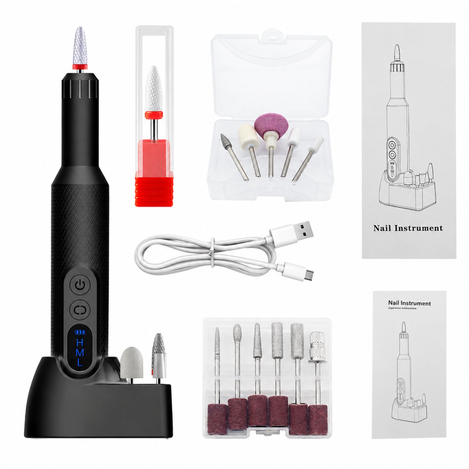 Elektrische nageltrimmer - zwart M3 kunststof uitvoering - meerdere snelheden - oplaadbare nagelvijl - met 12 slijpkoppen en 6 schuurbandjes