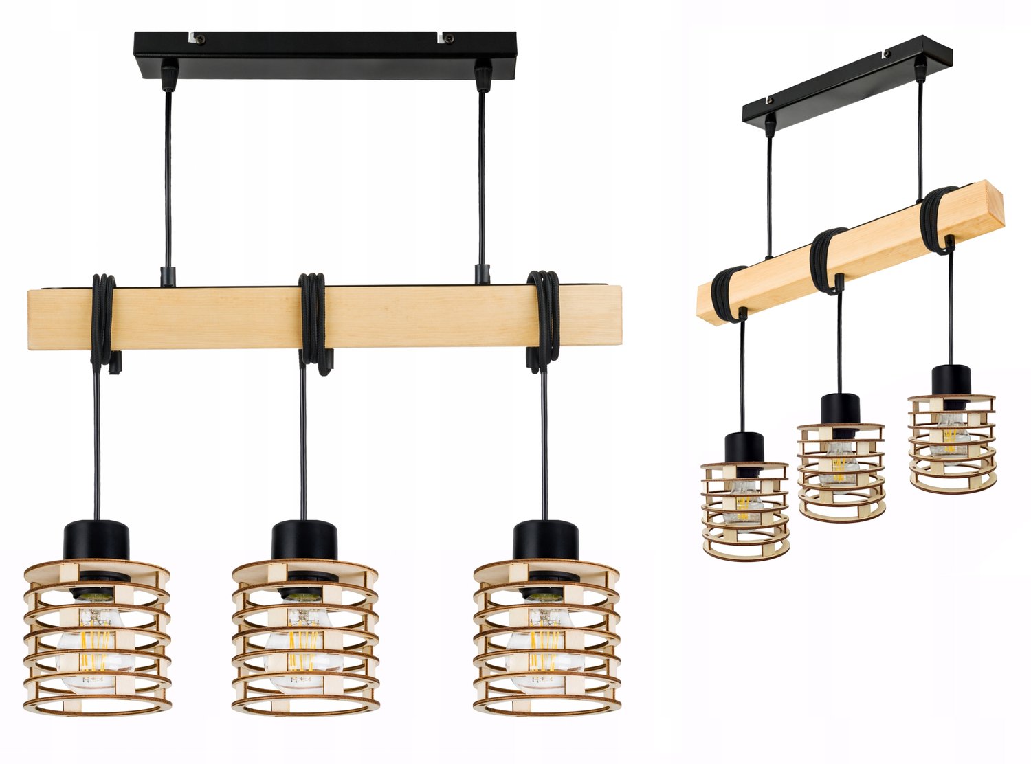 Merkloze Houten Balk Hanglamp met 3xE27 Fittingen, Loft Stijl