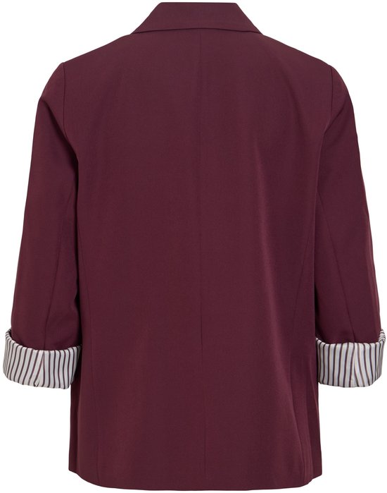 Achteraanzicht van een bordeauxrode VILA blazer met opgerolde mouwen met gestreepte voering.