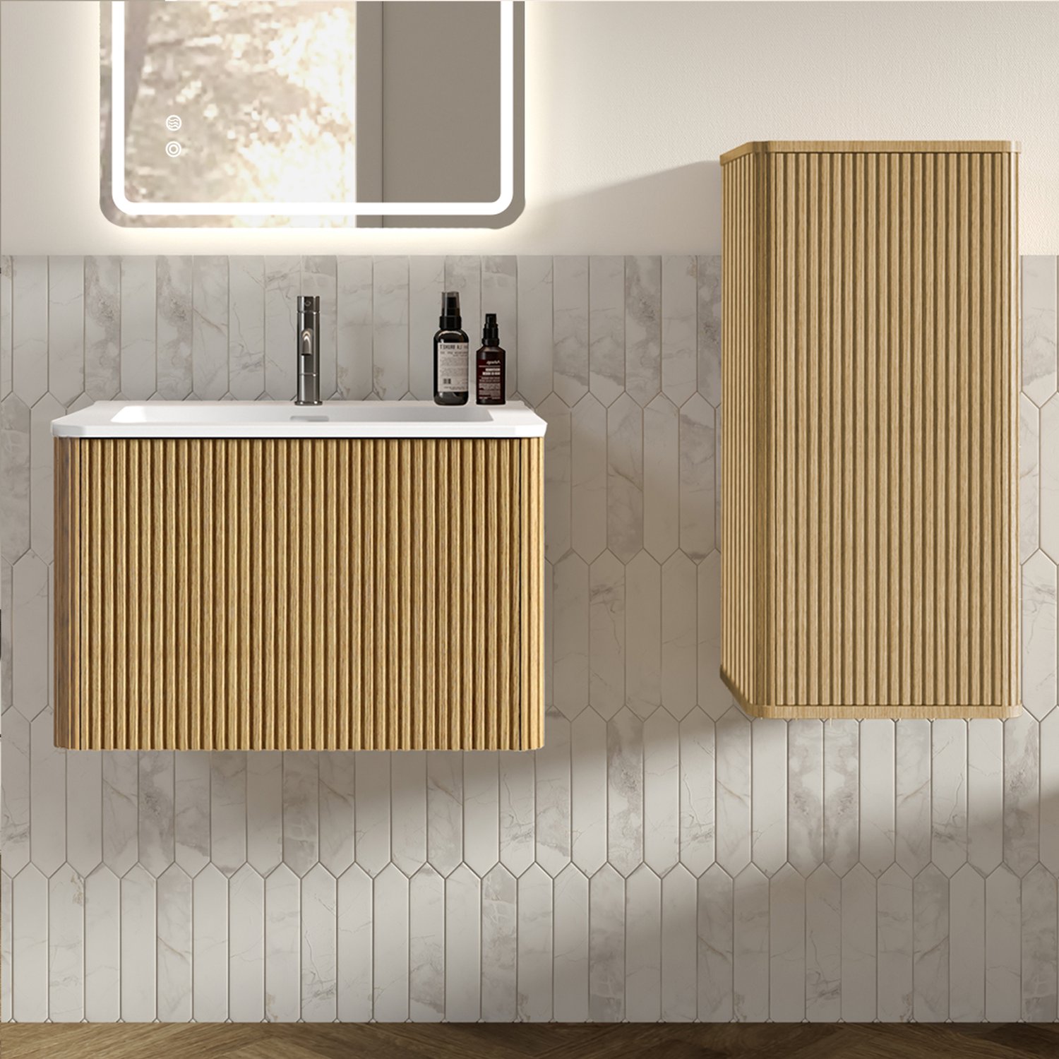 MODFU Badmeubelset - Wandhangend - Modern - Eikenkleur - Met Wastafel