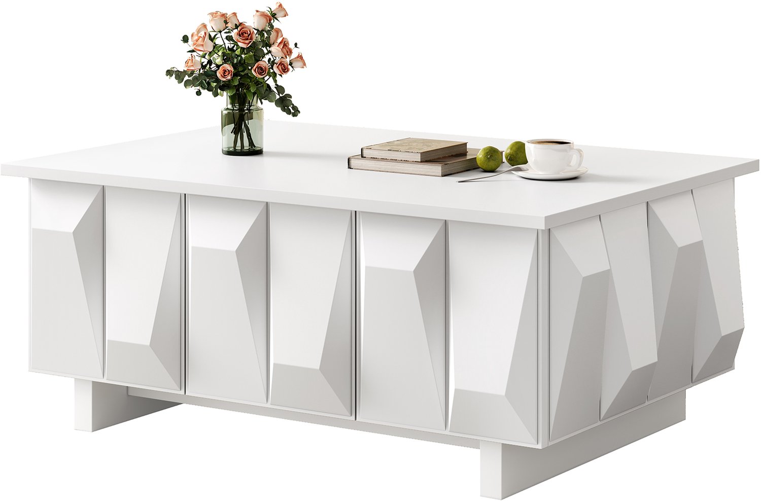 Clruro Salontafel - 95×67×39,5 cm - 3D-Fronten - 3 Deuren met Opbergruimte - Spaanplaat - Wit