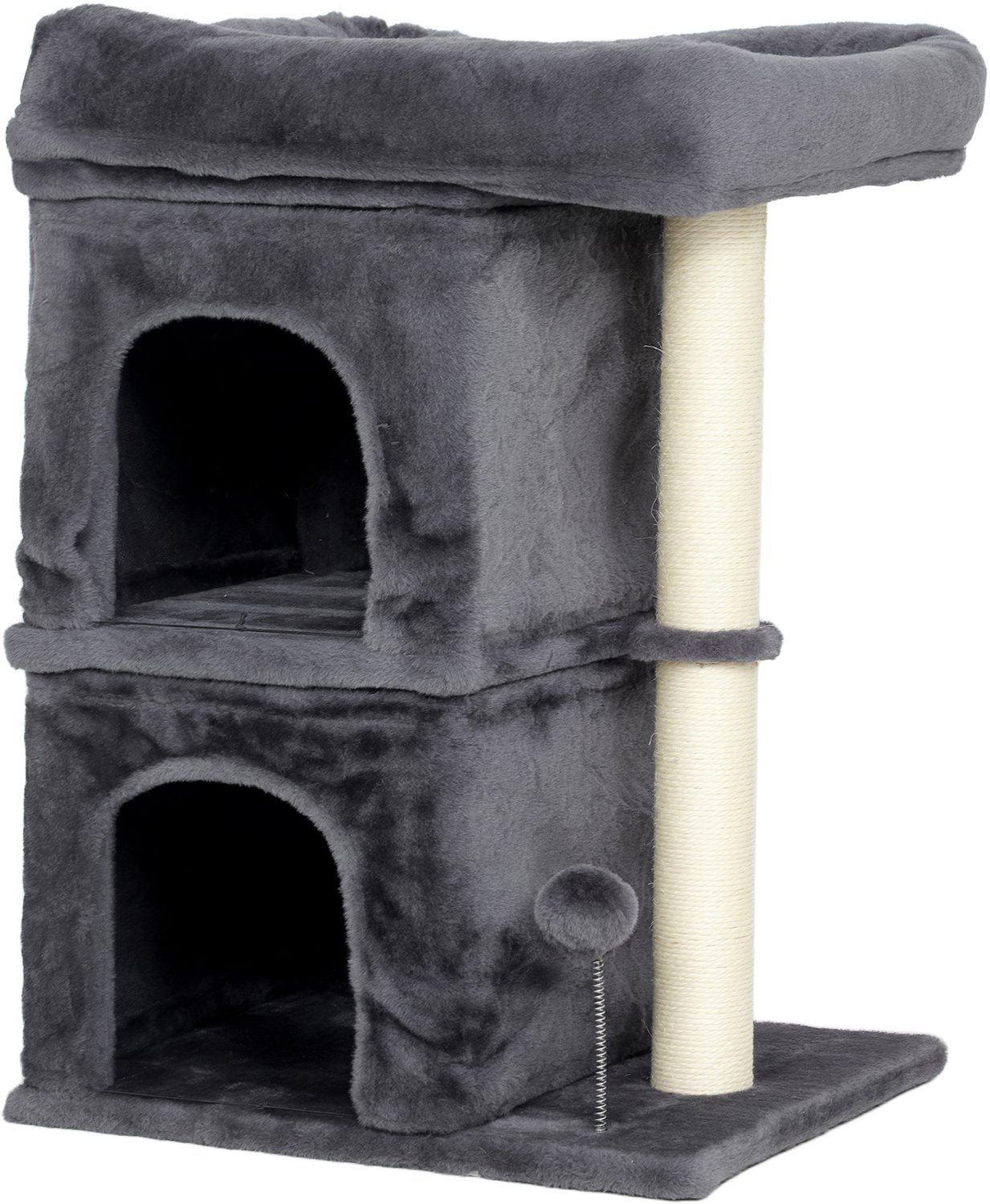 Pawona Krabpaal - Met 2 kattenhuisjes, platform en sisalpalen - 45 x 40 x 66 cm - Donkergrijs/Crèmewit