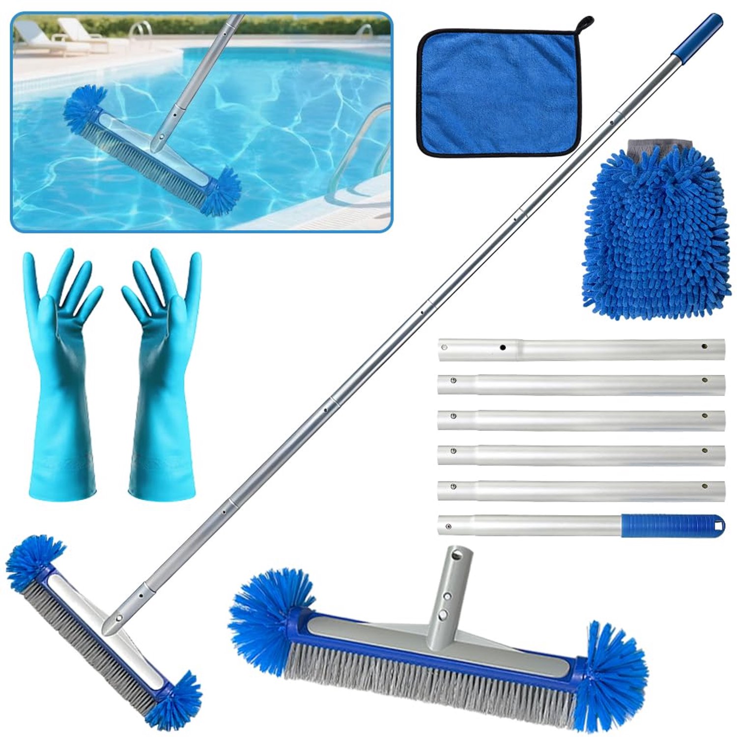 Famanu - Pool Reinigingsset - Houd je zwembad schoon - Inclusief demontage stang - Blauw 4 stuks