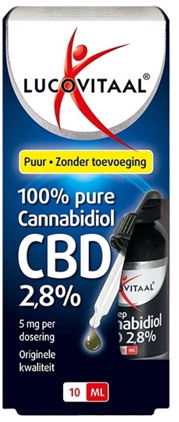 Lucovitaal CBD 2,8% 10ml flesje met druppelaar. "100% pure Cannabidiol" "Puur • Zonder toevoeging"