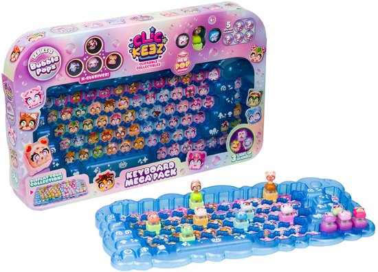 Clickeez Series 3 Keyboard Mega Pack met veelkleurige verzamelbare fidget-figuurtjes en een blauwe displayhouder.