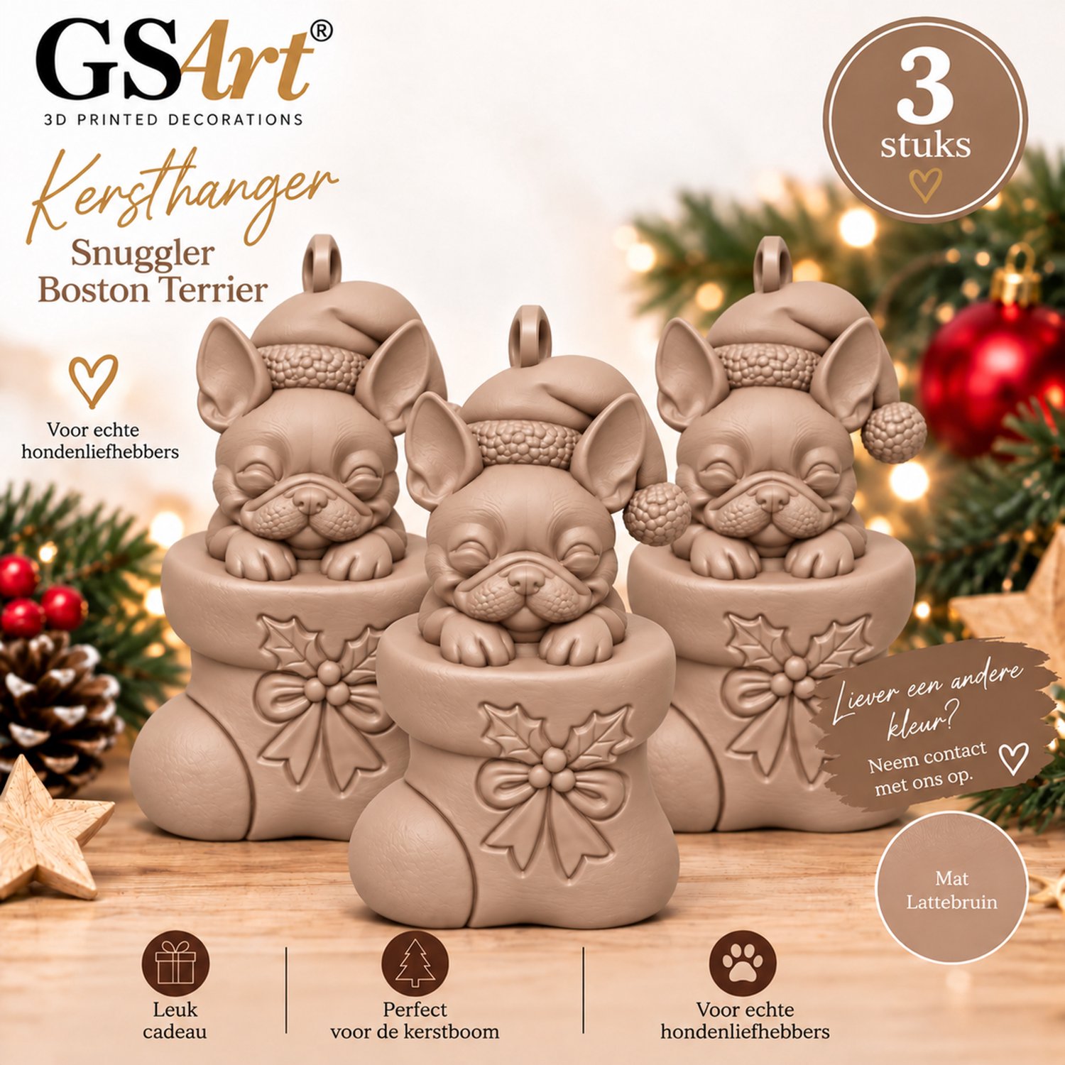 GSArt Kersthanger Hond Snuggler Boston Terrier 3 Stuks – 3D Geprinte Kerstboom Hangers – Mat Lattebruin