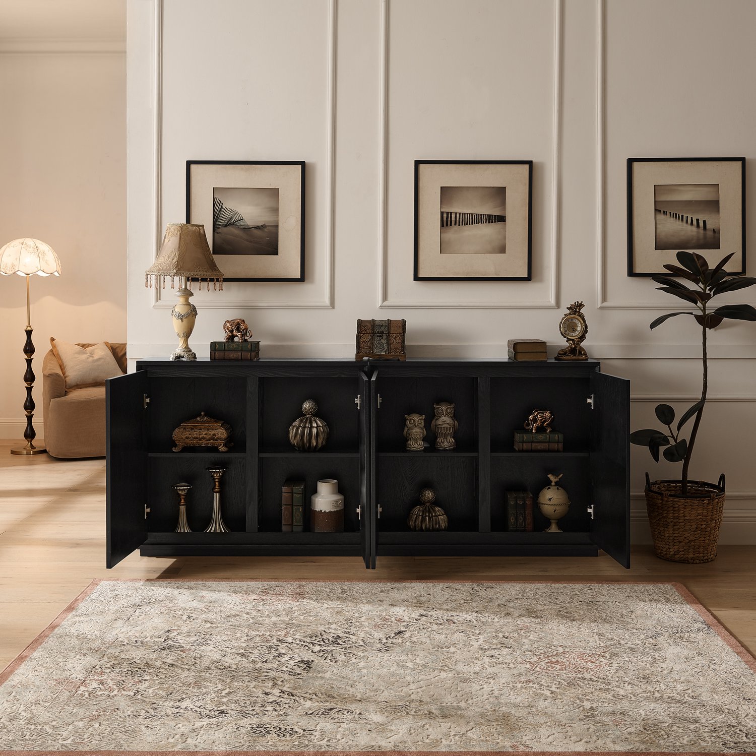 HAUSS SPOLE Dressoir - V-Vormig Reliëf Met 2 Deuren - Voor Woonkamer, Hal En Keuken - Hout En MDF - 99,06x23,50x82,50 Cm - Zwart