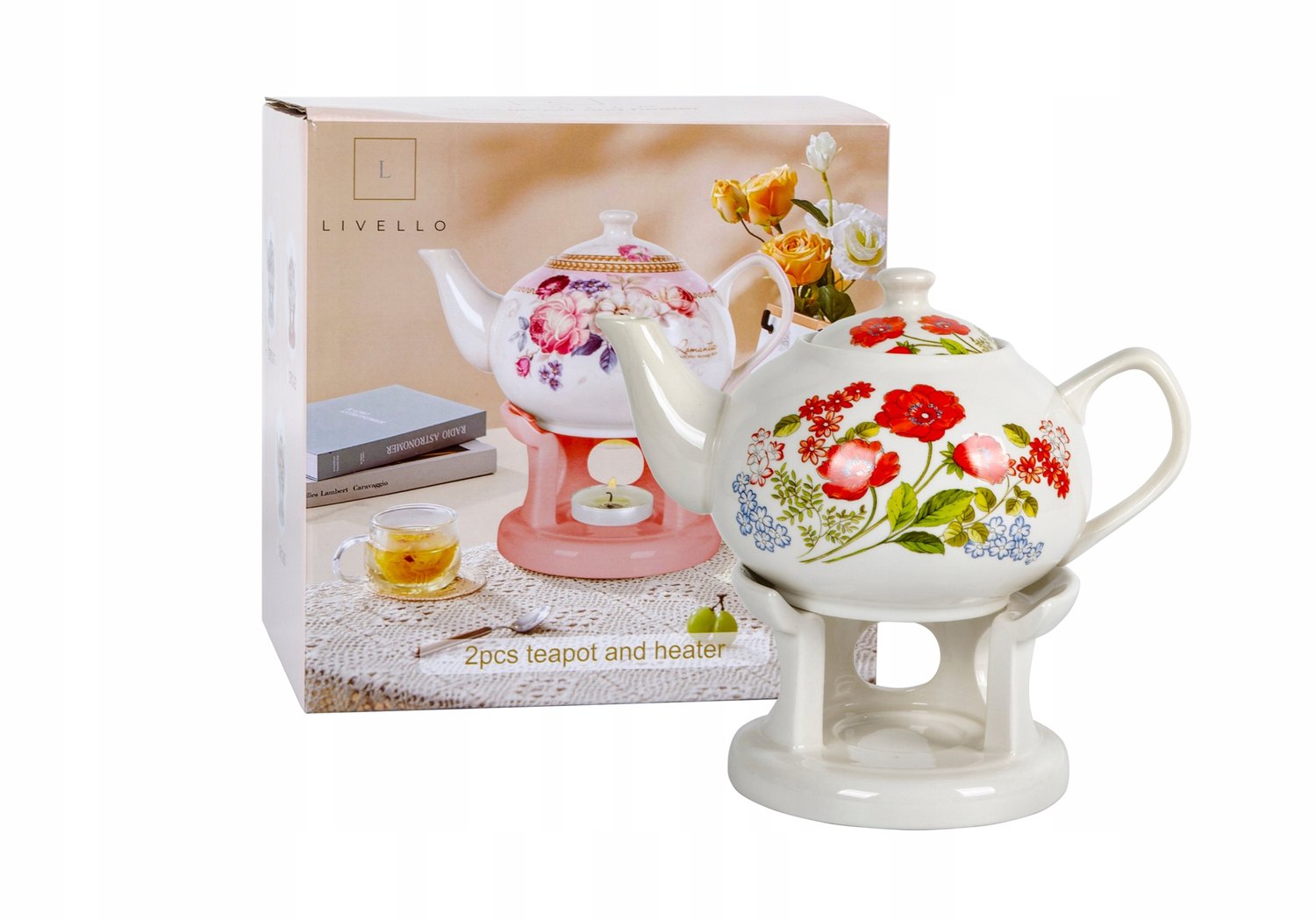 Porseleinen theepot met warmer 1L, decoratief, voor thee en koffie