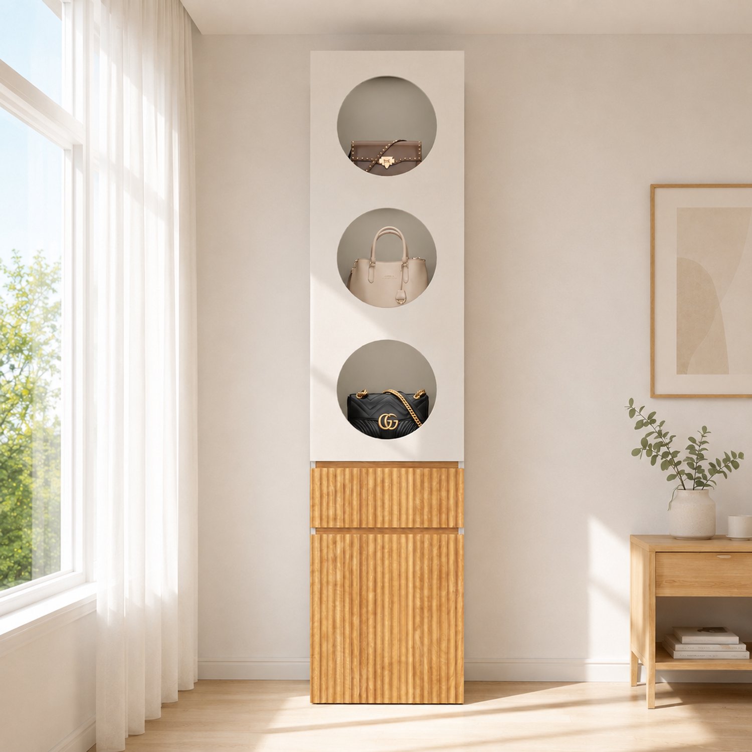 MODENUIT Kledingkast - 2 Deuren En Lade - Voor Badkamer - MDF - 45x50x200 Cm - Lichtgrijs En Natuurlijk