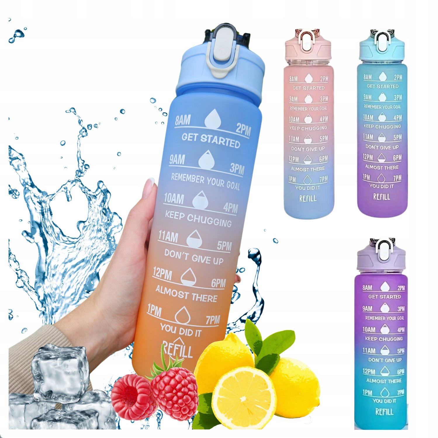 Motiverende Waterfles 1L met Rietje & Stickers - Blauw of Roze