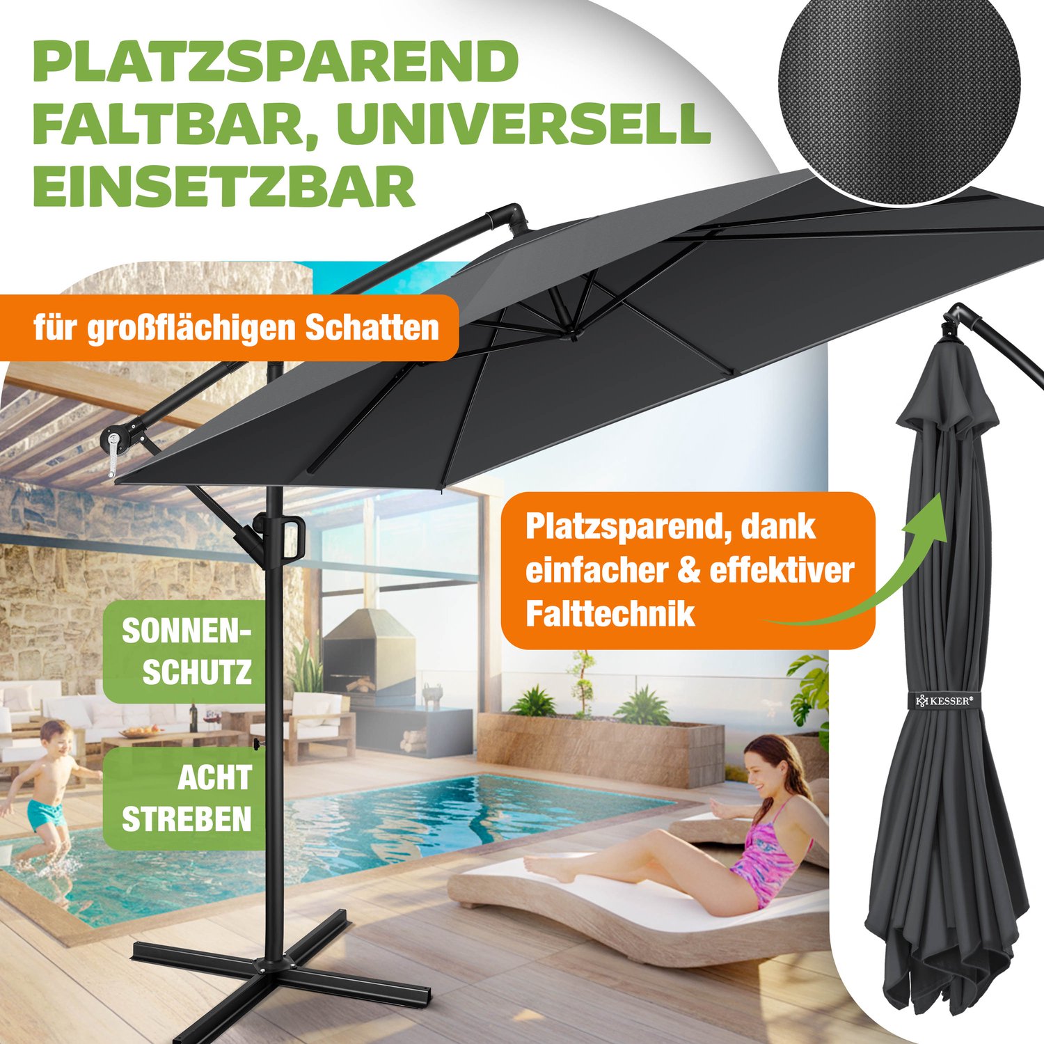 KESSER Zweefparasol Holly Rechthoekig - Parasol met Zwengel, Hoes en Windbescherming, UV-bescherming, Aluminium, Waterafstotend - Antraciet – foto 6