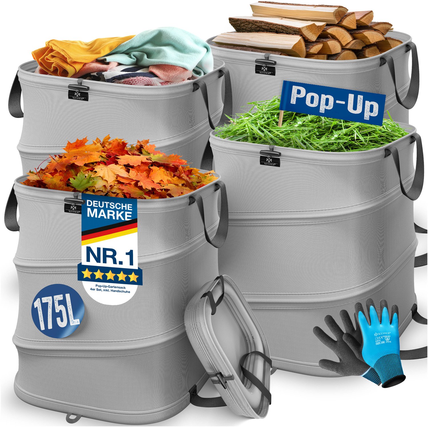 KESSER® Pop-up tuinzak set van 4 x 175 liter - Zelfstaand en opvouwbaar - Met handschoenen - Grijs/zwart