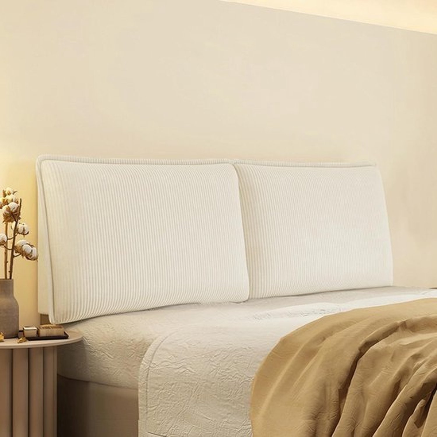 Hoofdbordkussen - Wandkussen voor bed - Ontspannen in bed - Zachte corduroystof - 899 cm breed - Beige streep
