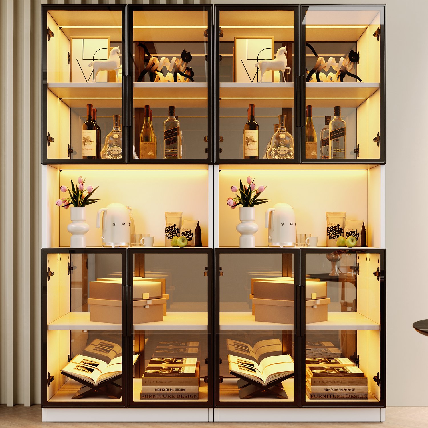 Clruro Vitrinekasten - 140×30×170 cm - Set van 2 - LED en Spiegelachterwand - MDF/Glas Wit