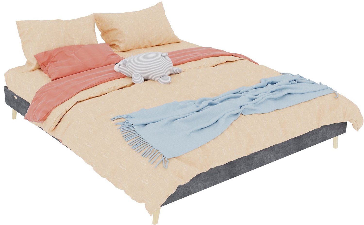Merax Gestoffeerd Bed 160 x 200 cm - Grijs Fluweel - Tweepersoonsbed - Houten Lattenbodem - Laag Bedonderstel - Zonder Hoofdbord en Matras