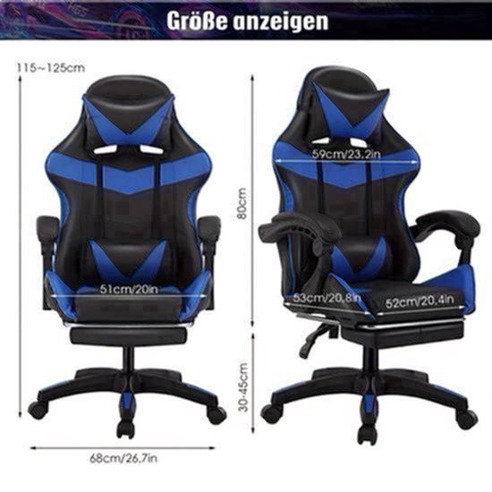Gamingstoel – Gamestoel – Gaming Chair – Game Stoel – Bureaustoel – Ergonomisch Design – Verstelbare Rugleuning met Voetensteun – Max. 150 kg – Zwart Blauw — afbeelding 2