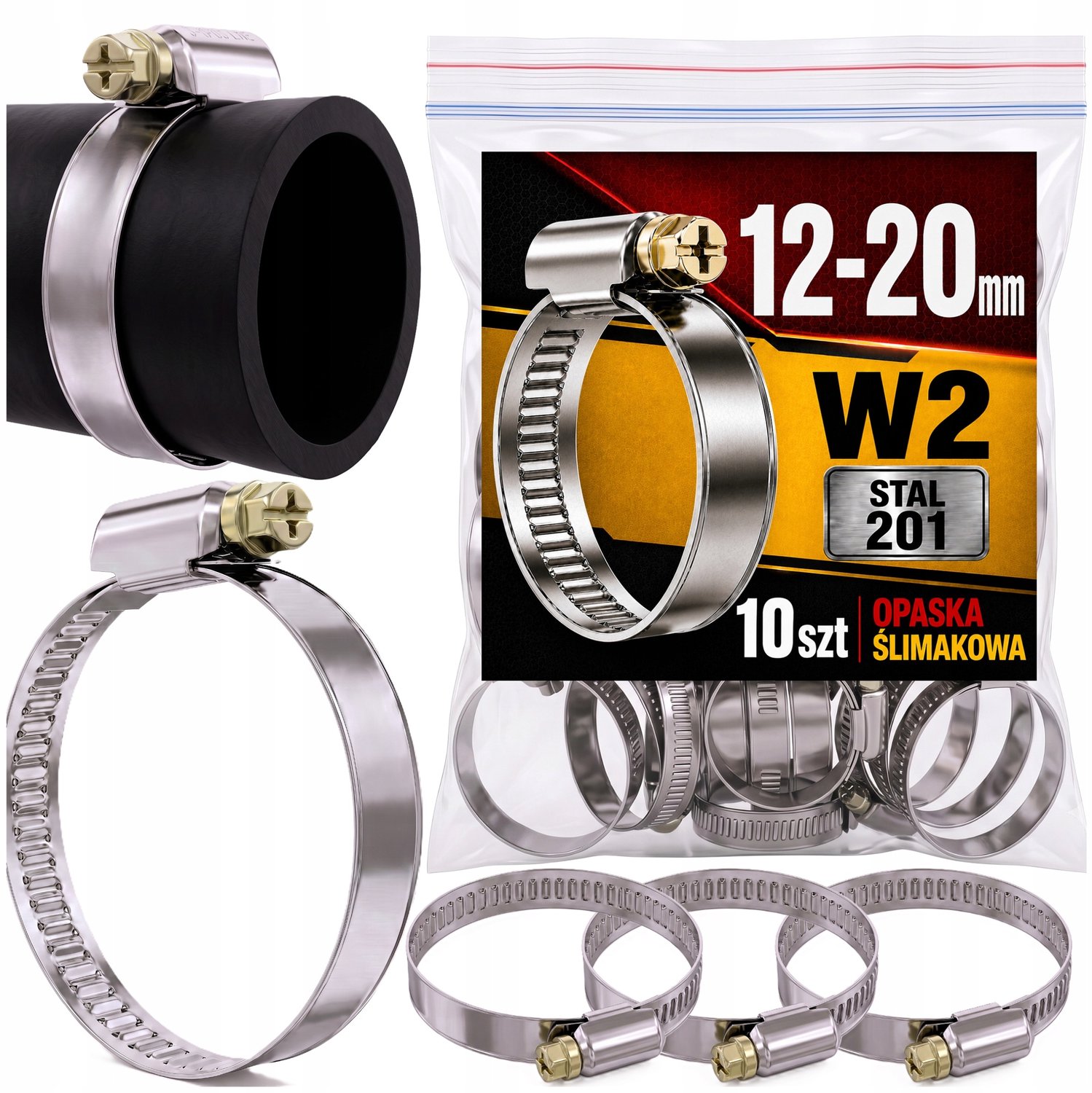 10x Roestvrijstalen Slangklemmen 12-20mm, 9mm Breed, RVS 201 W2