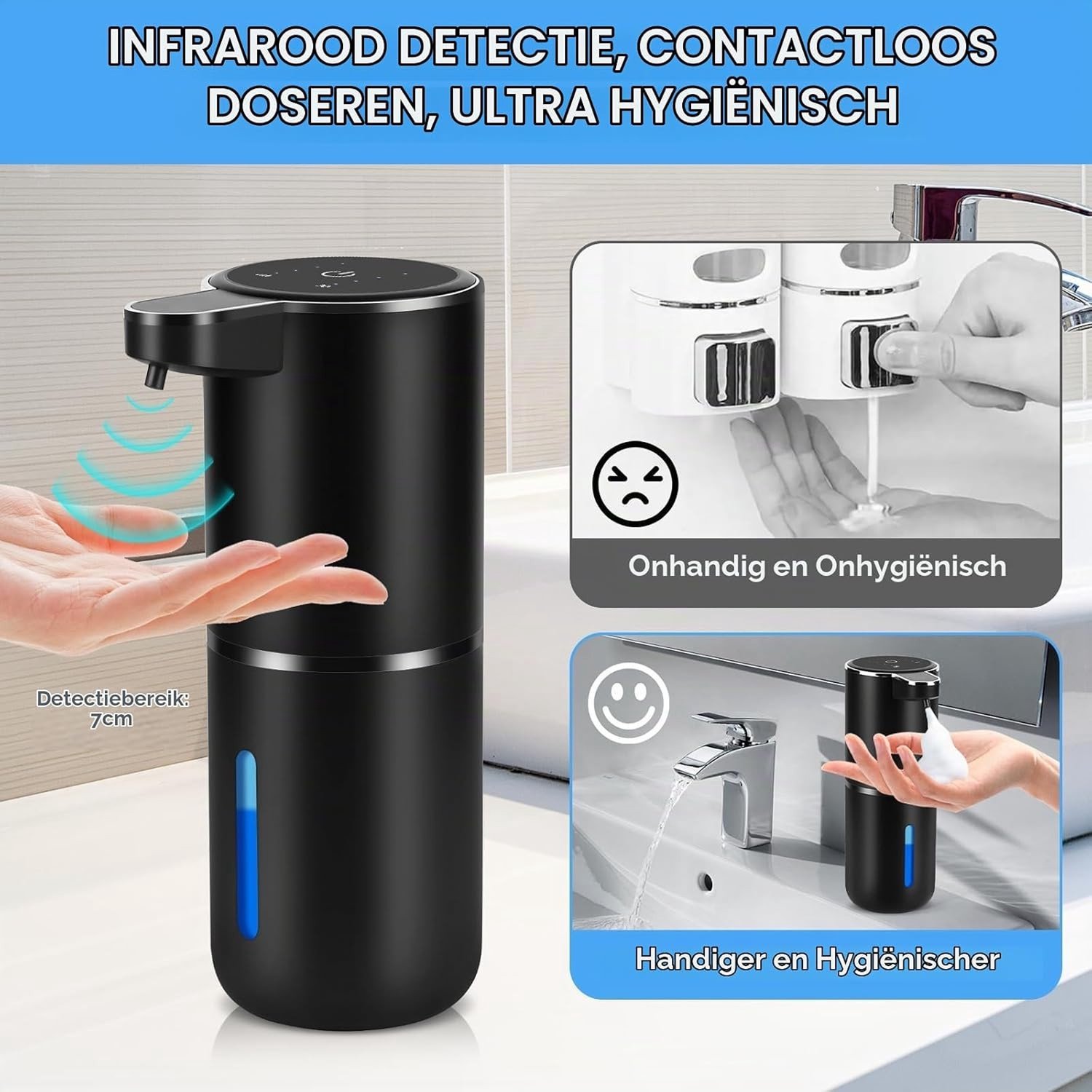 Automatische zeepdispenser met sensor voor schuimzeep, oplaadbaar via USB, 4 niveaus, wandmontage en gebruiksvriendelijk ontwerp