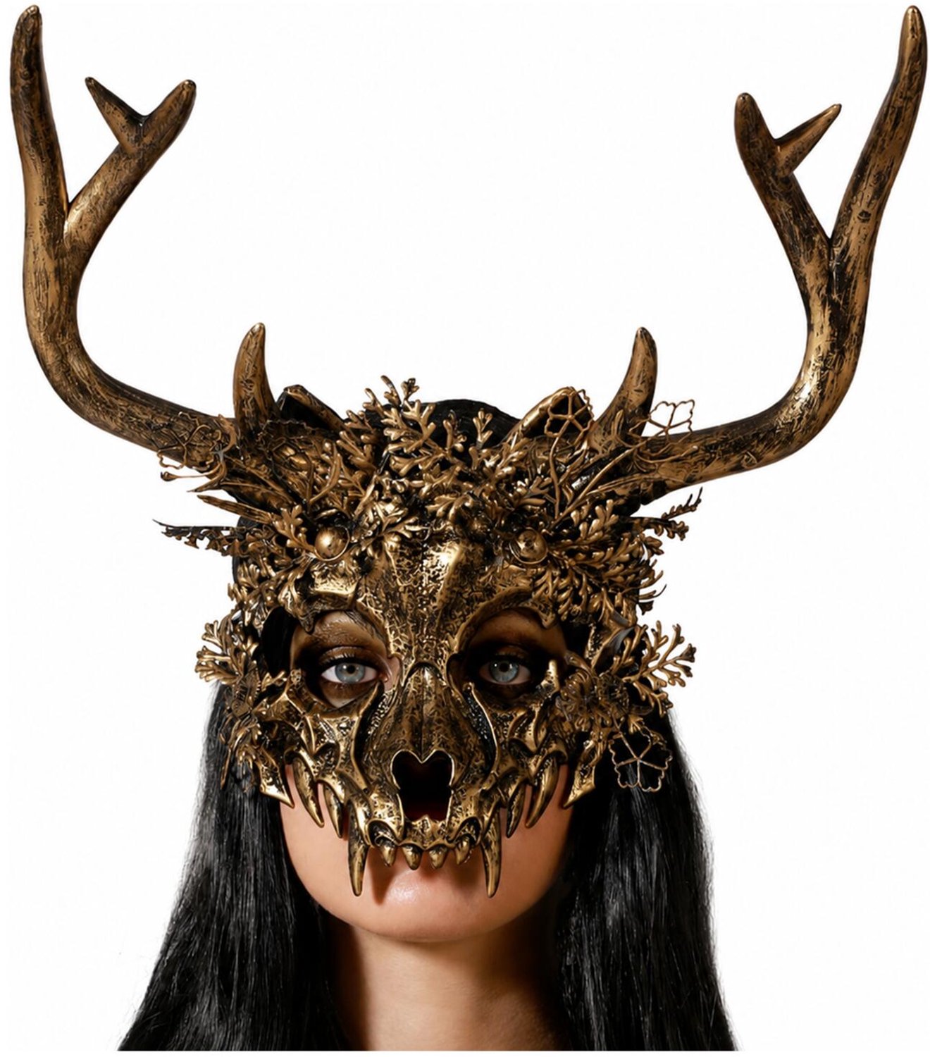 Atosa Halloween verkleedmasker - monster hert met hoorns - goud - volwassenen - kunststof - dieren - scary feestmasker