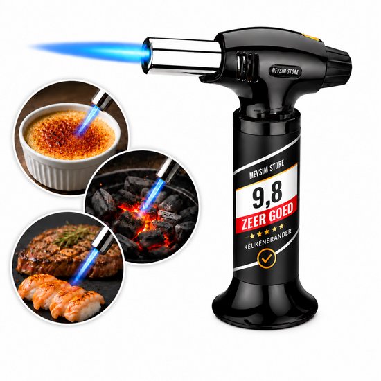 Brûleur de cuisine noir avec flamme bleue, qui caramélise la crème brûlée, grille les steaks et saisit le poisson.