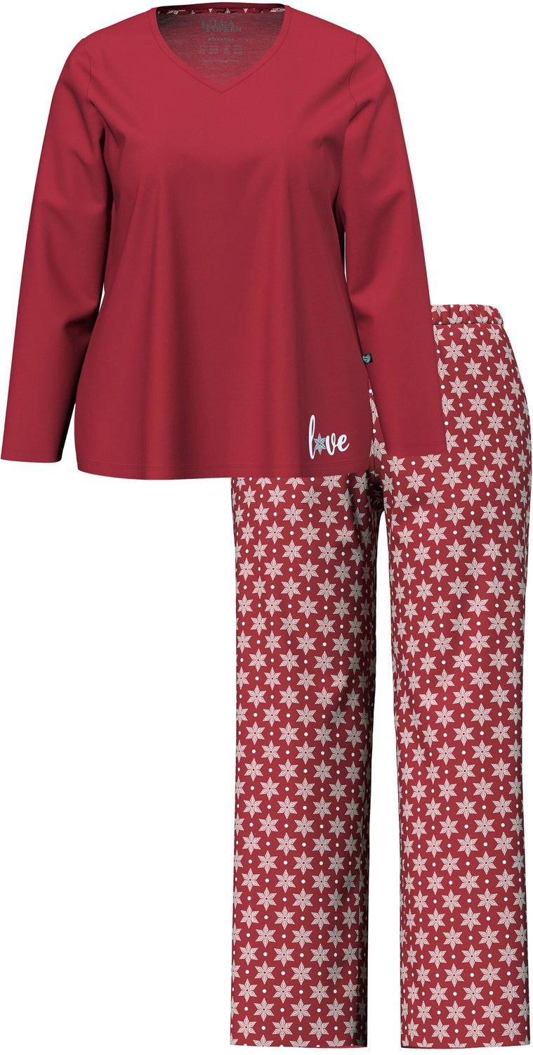 Ulla Popken - Dames - Pyjama sneeuwvlokken V-hals lange mouwen - Donkerrood - Maat 46+
