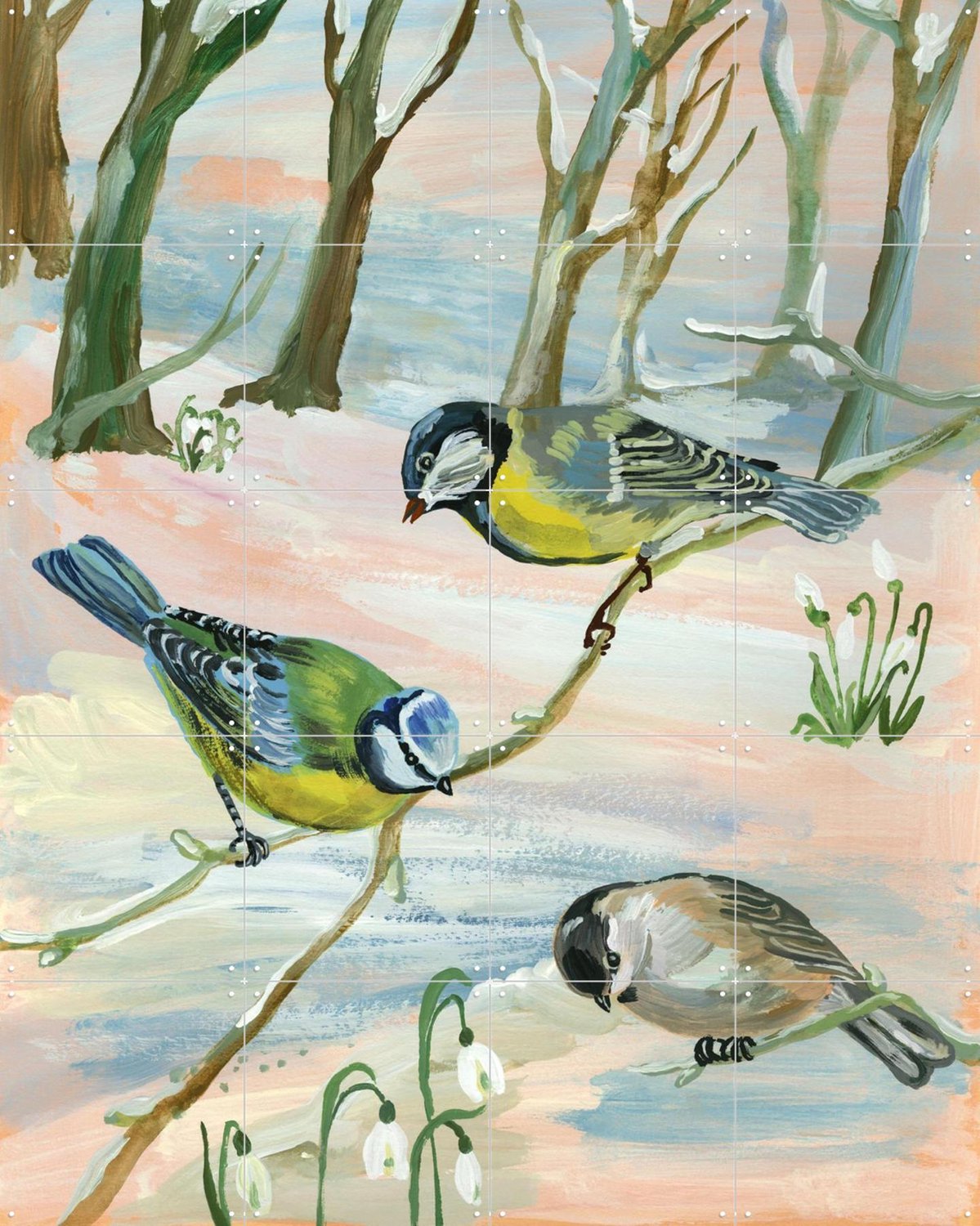 IXXI C'est L'hivers, Nathalie Lété - 80 x 100 cm - Grote wanddecoratie en posters - Schilderijen, Woonkamer, Winter, Sneeuw, Vogels Groen