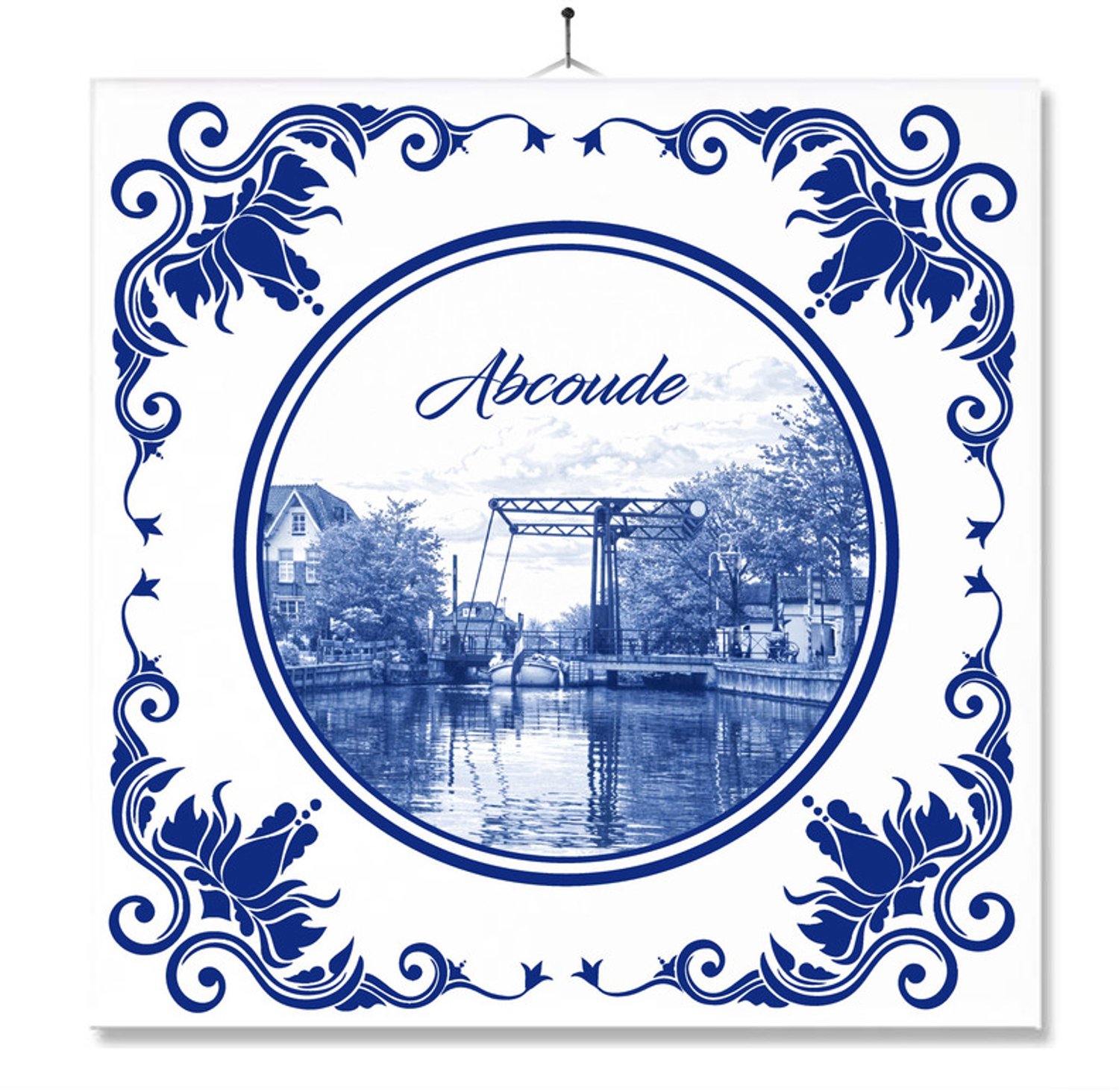 MC Living Tegel Met Opdruk | Abcoude | Delft Blauw | Cadeau | Inclusief Geschenkdoos | Standaard | Ophangsysteem