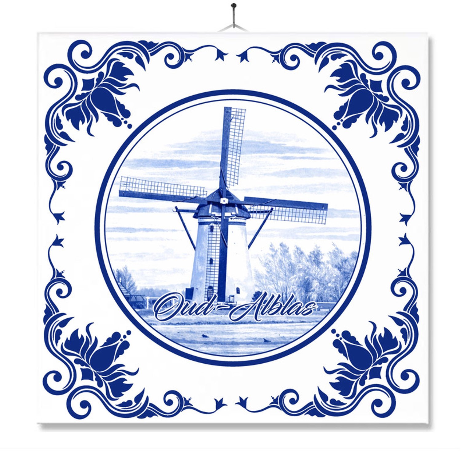 MC Living Tegel Met Opdruk | Oud-Alblas | Delft Blauw | Cadeau | Inclusief Geschenkdoos | Standaard | Ophangsysteem Ontwerp 2