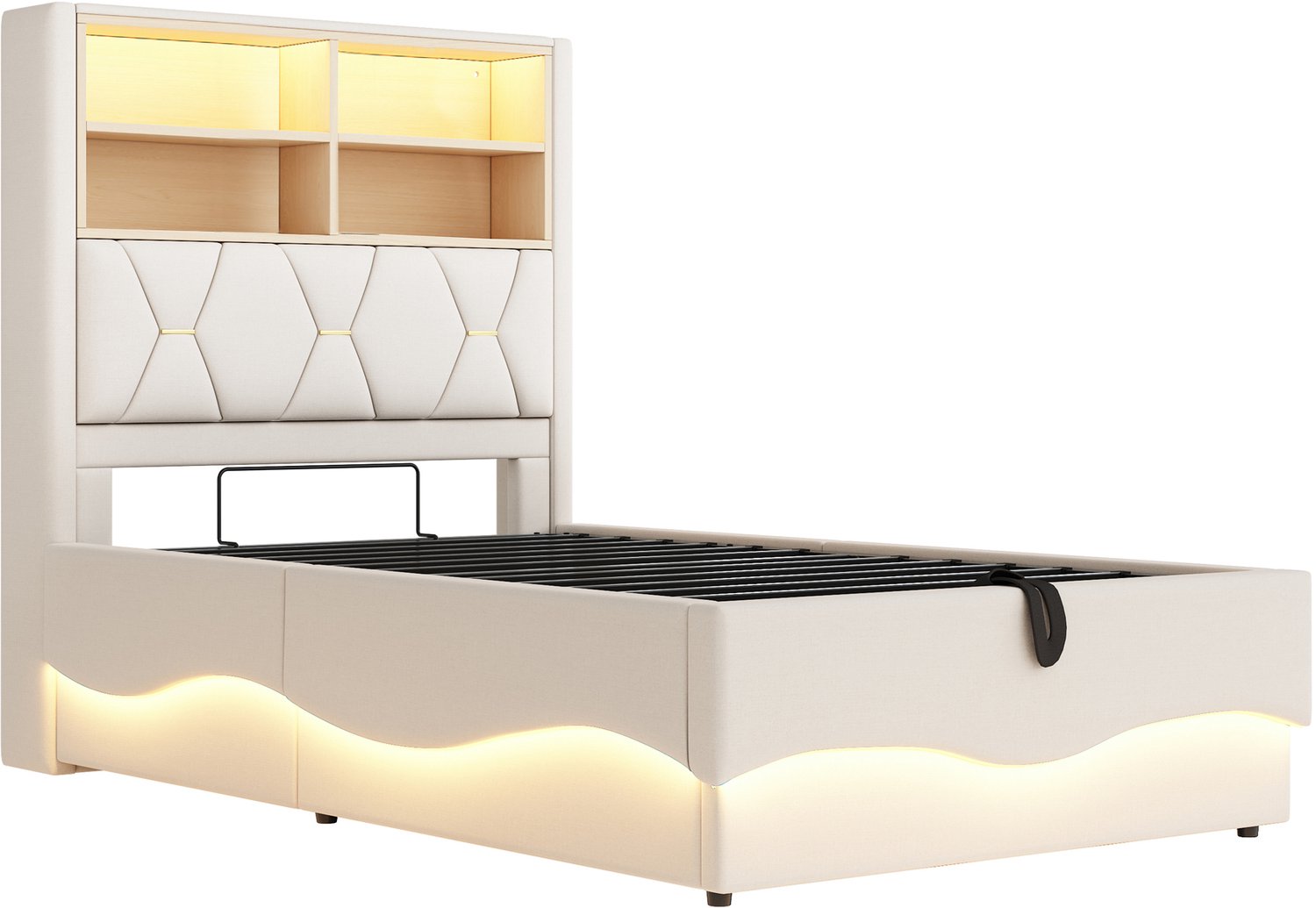 MUVANO Kinderbed 90 x 200 cm - gestoffeerd bed met hydraulische opbergruimte - app-bedienbare ledverlichting - metalen lattenbodem - beige