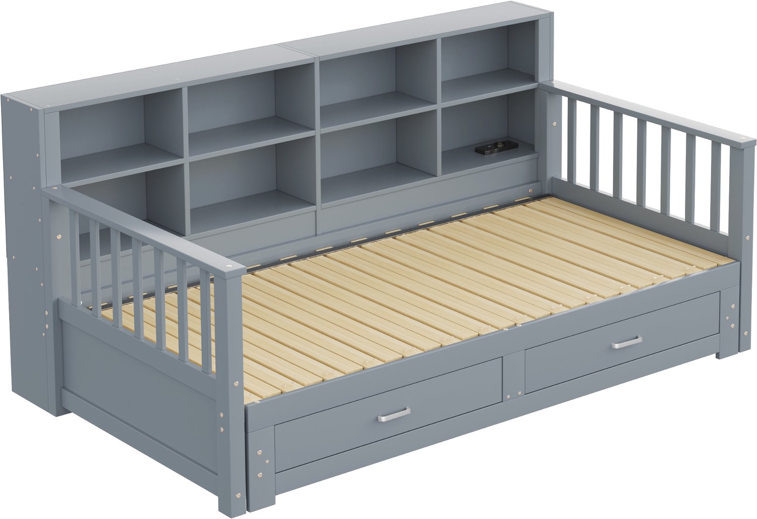 MUVANO Uitschuifbare slaapbank 90x190 cm - onderschuifbed 180x190 cm - massief grenenhout - lattenbodem - opbergruimte, stopcontact en 2 laden - grijs