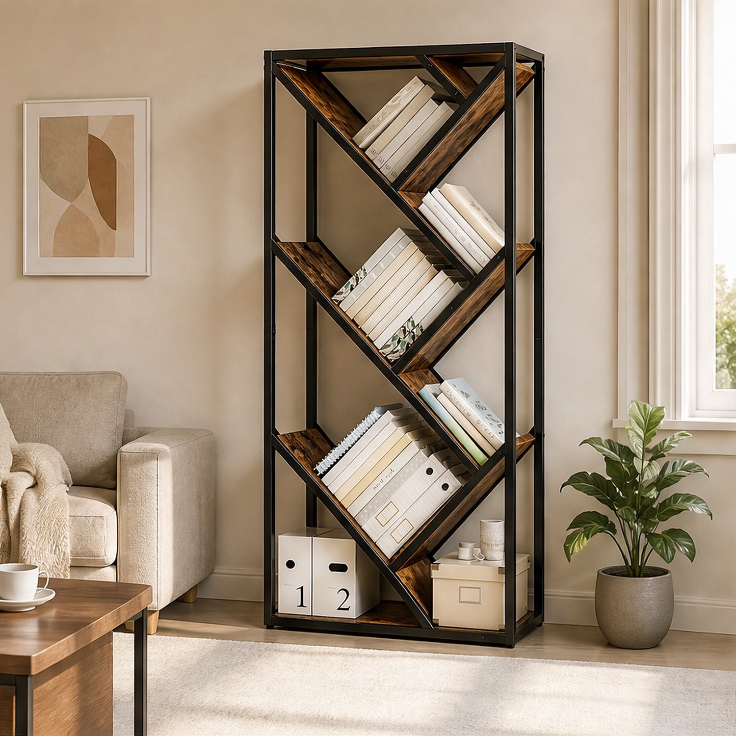 City long dragon LONG DRAGON - Boekenkast - 160 cm zwart-bruin - boomvormig ontwerp met open planken en metalen frame Zwart+Bruin