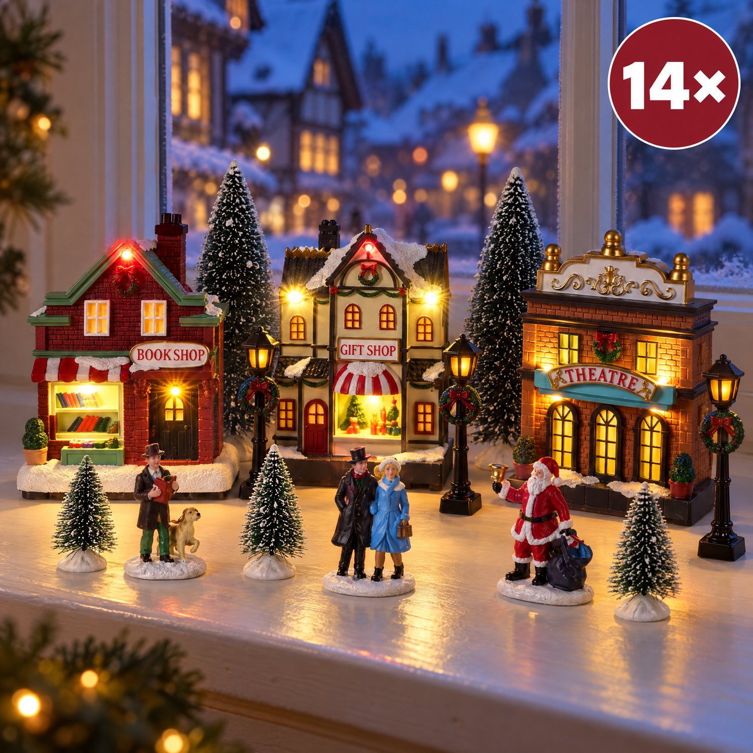 Levano Kerstdecoratie voor Binnen Set van 14 - Kerstverlichting op Batterij - Kersthuisjes met Verlichting - Kerstdorp Figuren - Kerstfiguren Binnen - Kerst Tafel Decoratie - Kerstboompjes Miniatuur - Kersttafereel - Winterdorp - Kerst Village