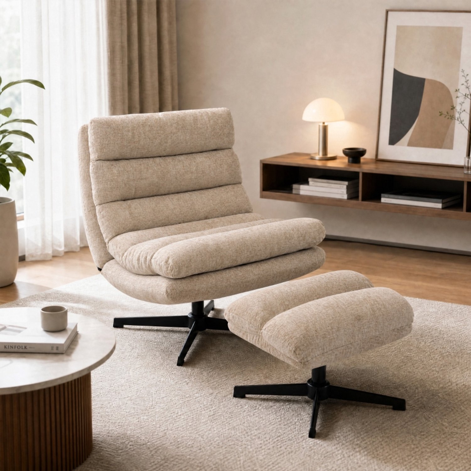 OKWISH Draaifauteuil met Voetenbank 94 x 79 x 88 cm - 360 Graden Draaibaar en Verstelbare Voetenbank - Voor Woonkamer en Slaapkamer - Chenille - Bruin