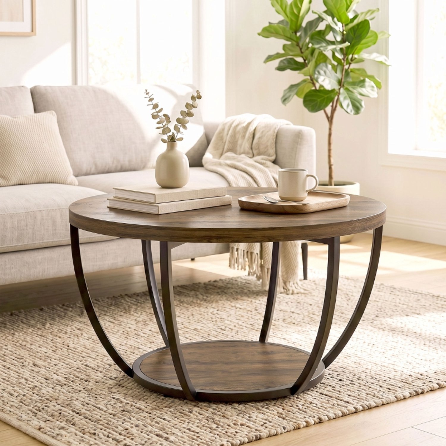 STILVORA Salontafel - Rond met 2 Niveaus en Verstelbare Voetdoppen - voor de Woonkamer - Bruin Spaanplaat en Zwart Metaal - 80x80x43,8 cm