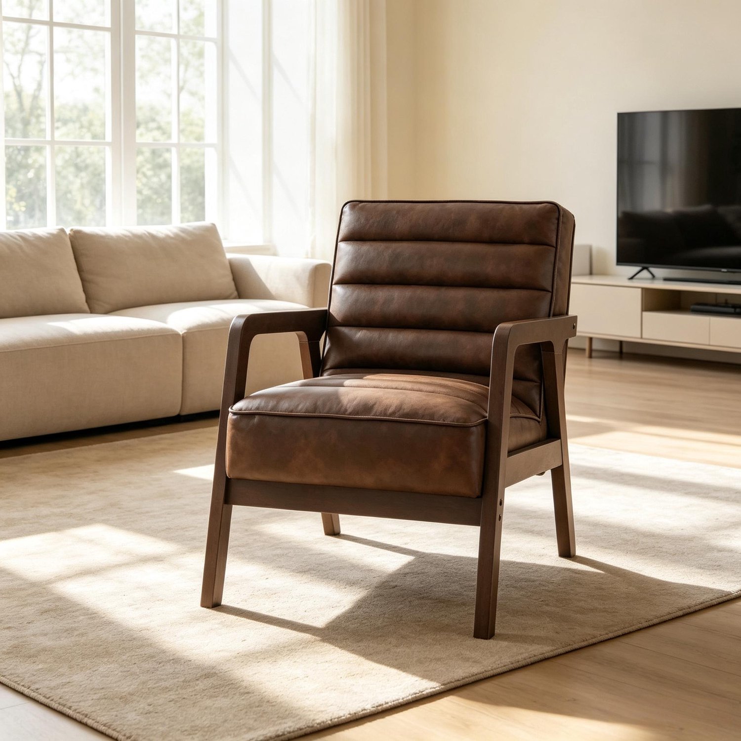 OKWISH Fauteuil 64 x 86 x 79 cm - Brede Zitting met Dik Zitkussen - Voor Woonkamer en Leeshoek - Kunstleer en Hout - Antiekbruin