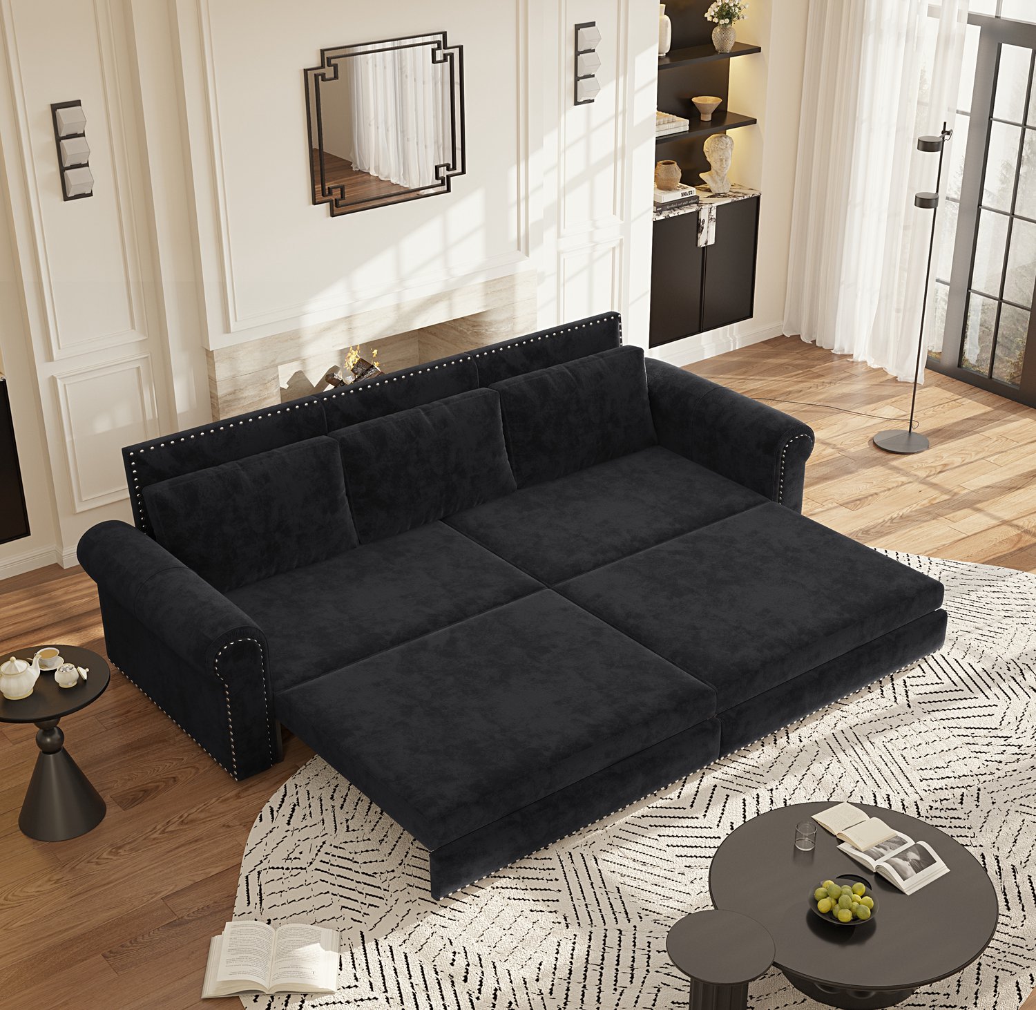 OKWISH Slaapbank 238 cm - 3-Zits Uitschuifbaar met Rolarmleuningen en Siernagels - Woonkamer en Logeerkamer - Fluweel - Zwart