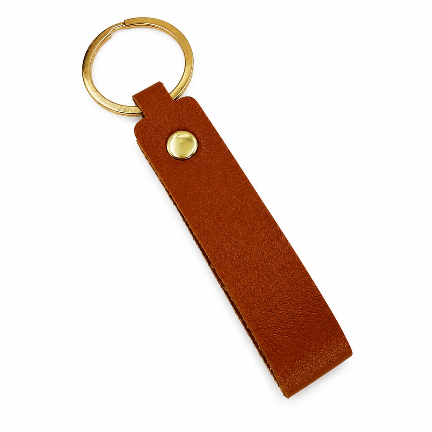 Sleutelhanger van koffiebruin leer met goudkleurige metalen sleutelring en minimalistische rechthoekige hanger