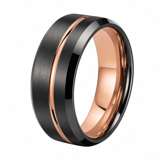 Zwarte ring met geborsteld oppervlak en een opvallende glanzende roségouden groef in het midden.