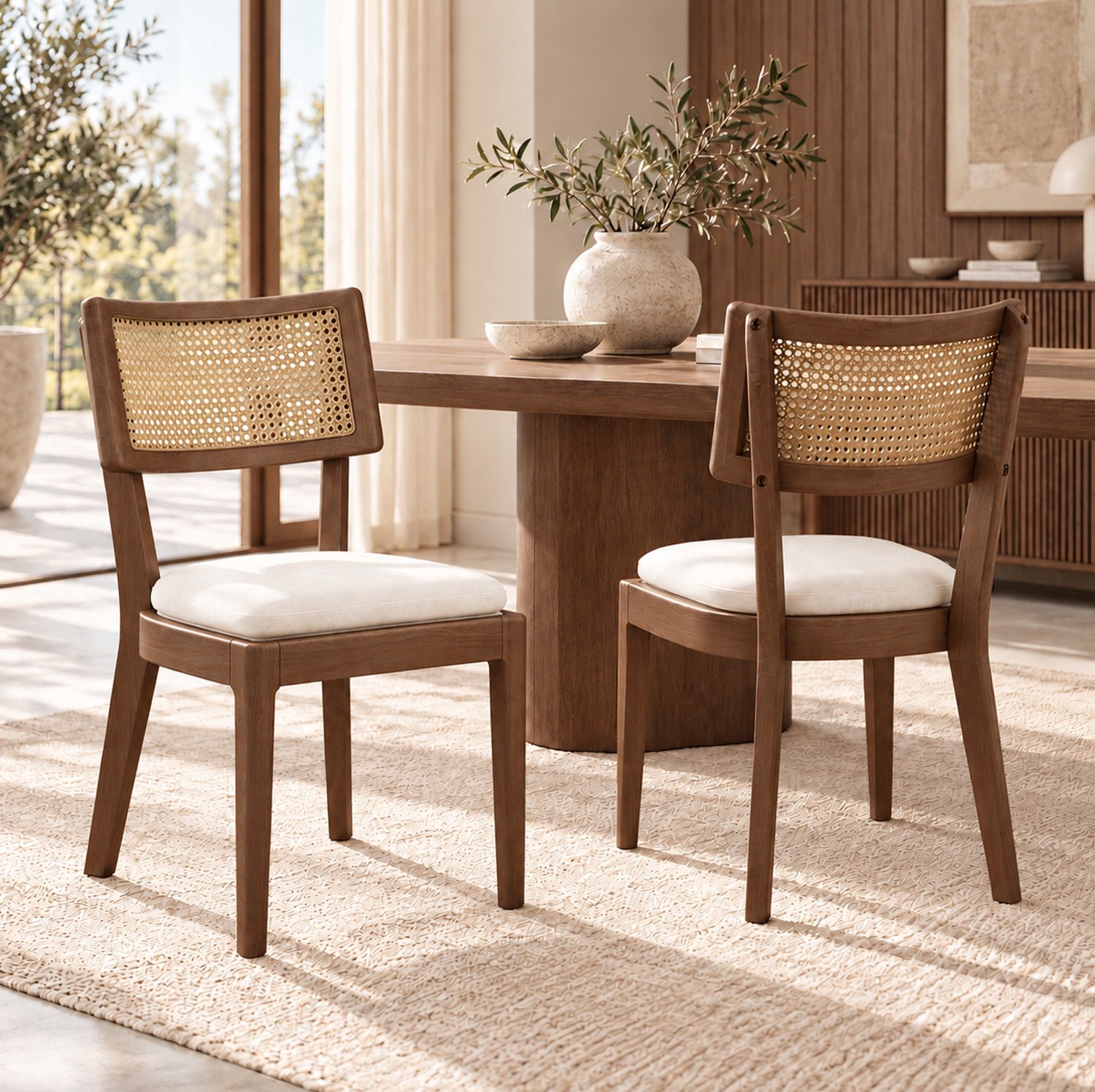 MODENUIT Eetkamerstoelen 50 x 58 x 88 cm - Set van 4 met Rotan Rugleuning - Eetkamer - Hout - Walnootbruin