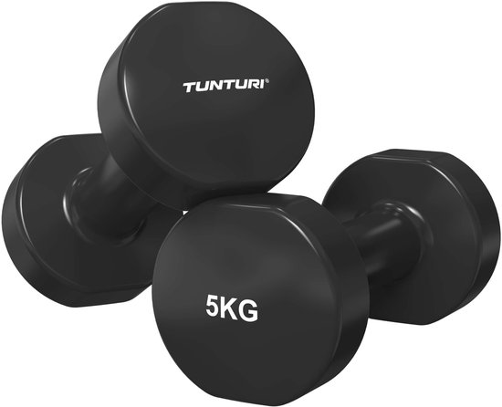Zwarte Tunturi dumbbells van 5 kg met vinyl coating en afgeronde hoeken.