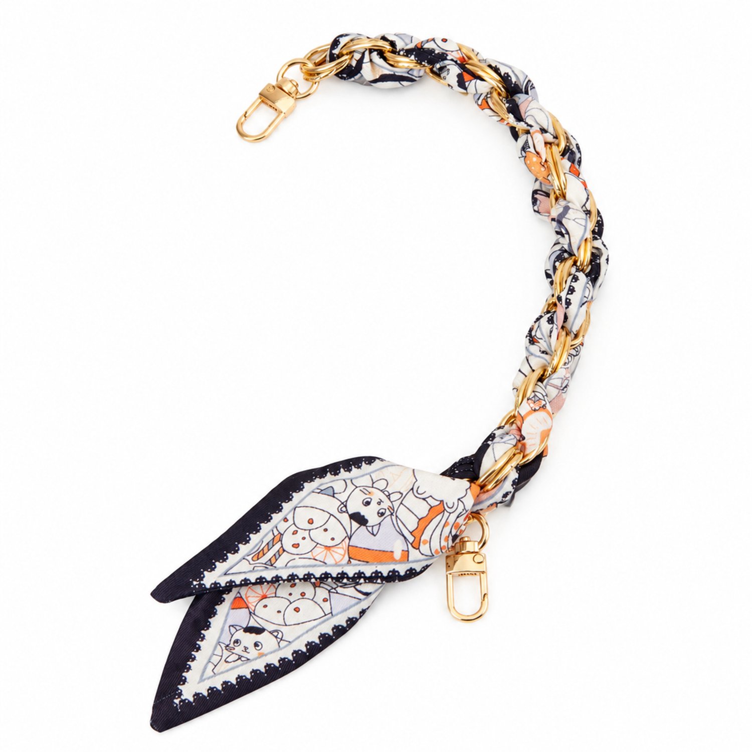 Telefoonkoord 32 cm - Korte ketting met gevlochten sjaalband, kattenprint en metalen clips aan beide uiteinden