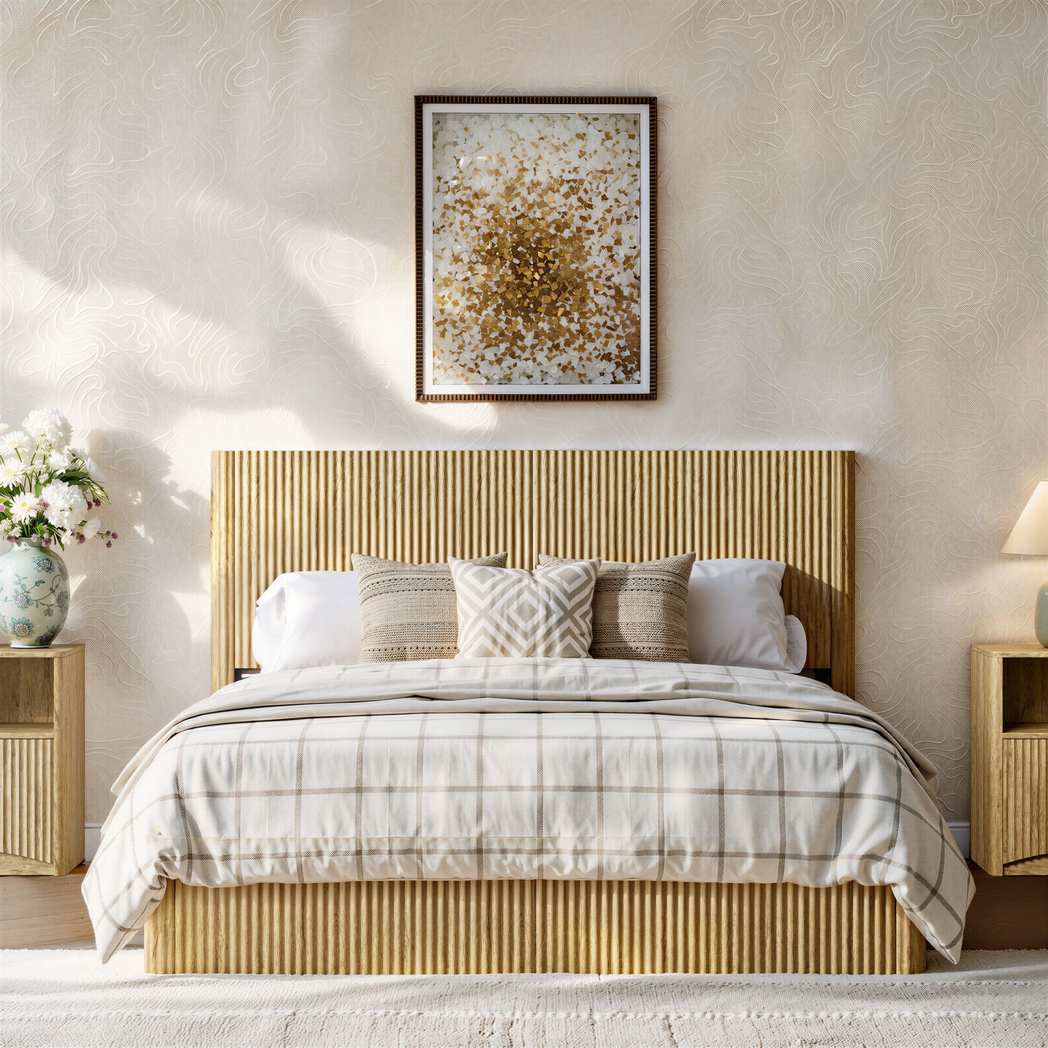 DantefHandels Modern bed 160 x 200 cm met geribbeld ontwerp, hydraulische lift en ruime opbergruimte, naturel