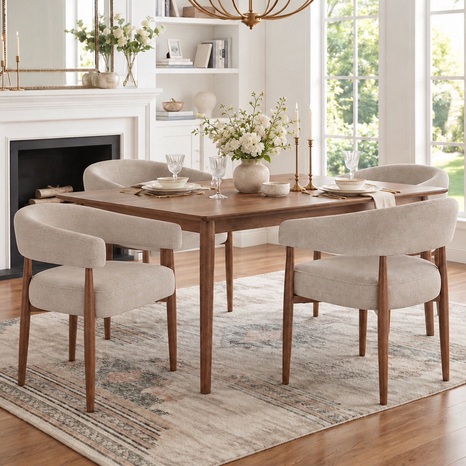 Clruro Eetkamerstoelen - 60×59×75 cm - Set van 4 - Houtlook - Chenille/Metaal - Taupe/Walnootkleur Grijs