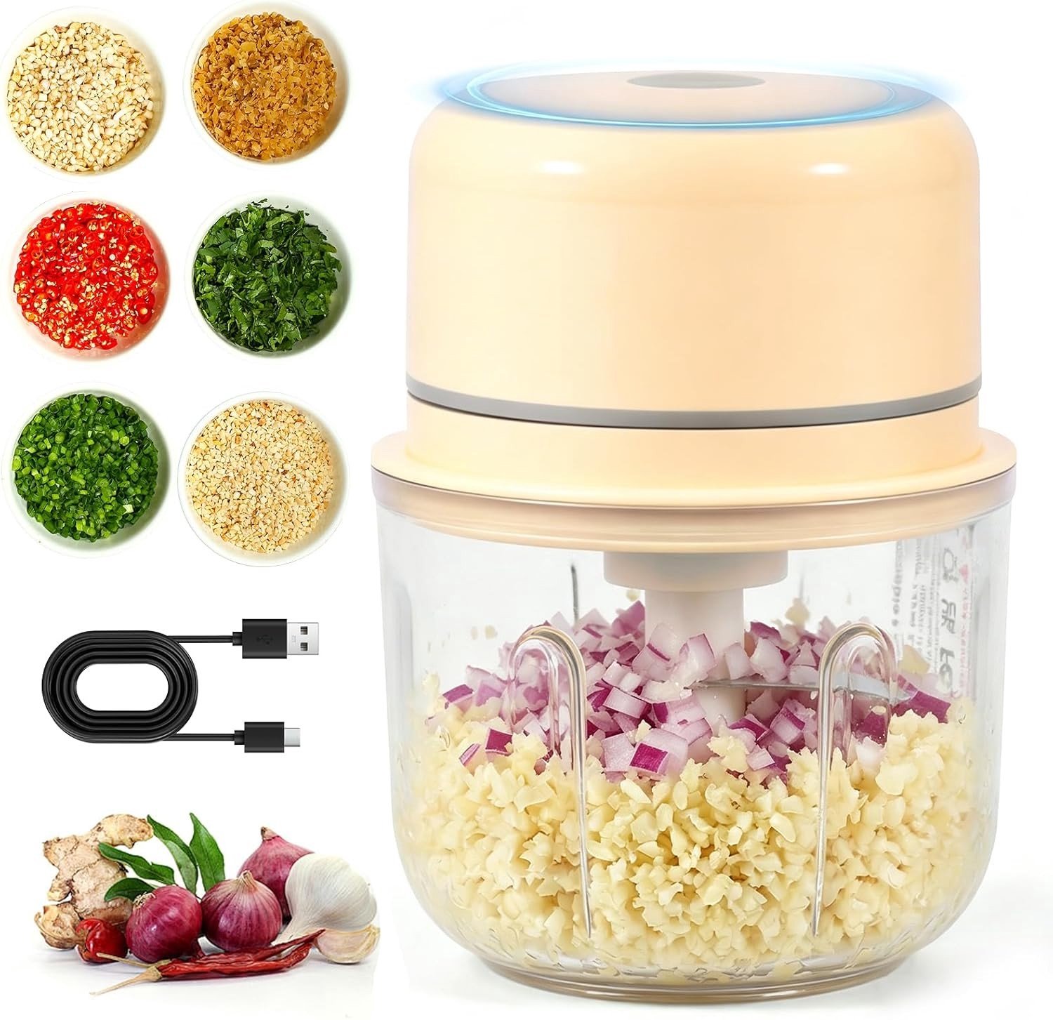 Elektrische Hakmolen - Roze - 250 ml - Draadloze Mini-Groentesnijder met 3 Messen - Voor Knoflook, Uien en Fruit