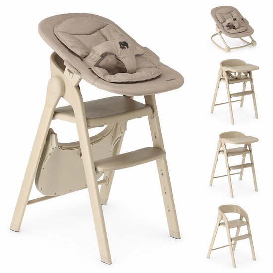 Deryan kinderstoel met bouncer, met daarnaast de verschillende configuraties in een kleine rij.
