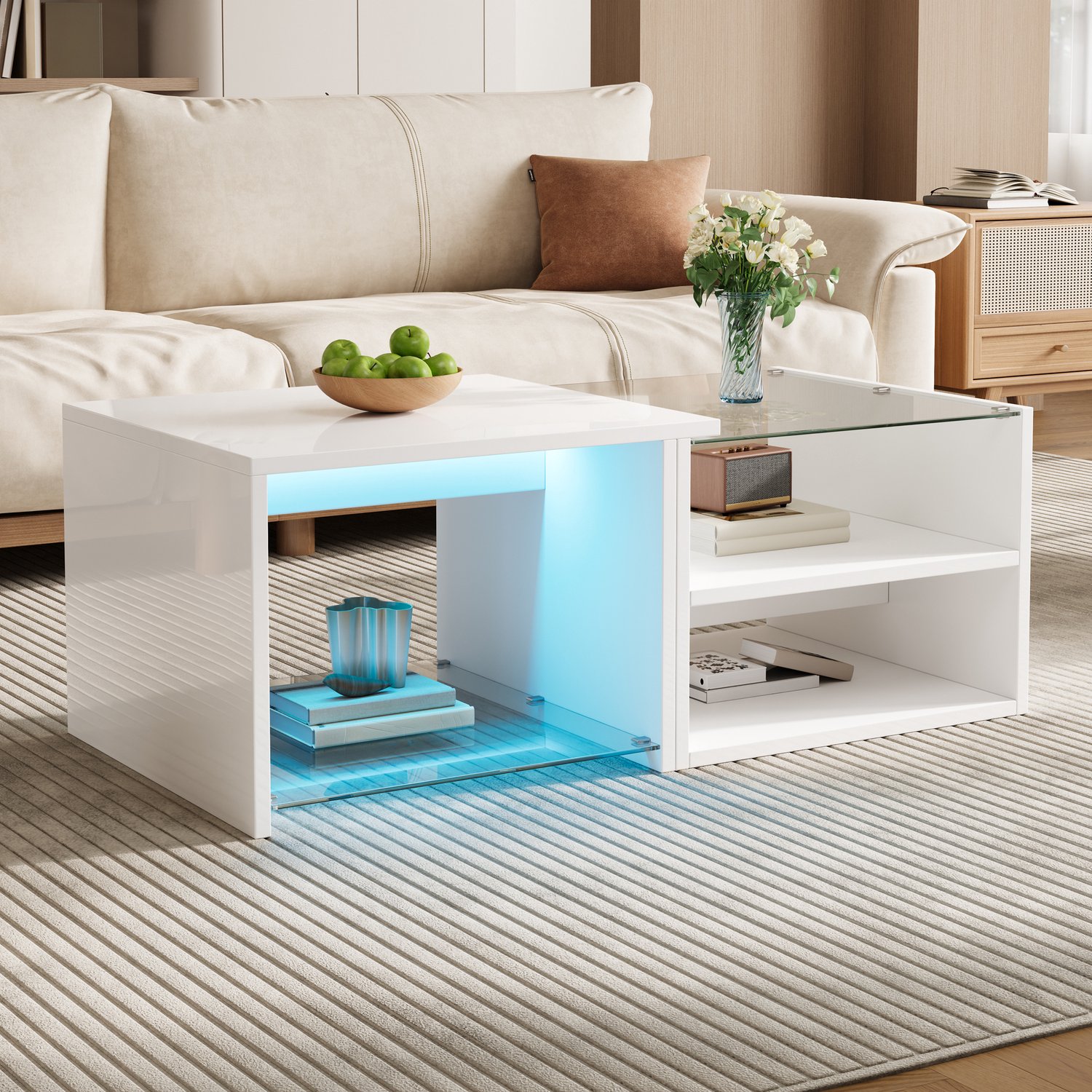 Wishdor Salontafel met getrapt ontwerp - Glazen tafelblad en hoogglans blad - LED-verlichting met app-bediening - Twee open opbergniveaus - Modern wit voor de woonkamer - 100 x 50 x 38 cm