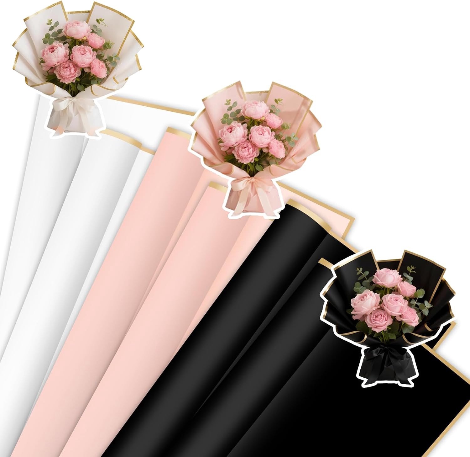 Boeket Papier - Roze - 58 x 58 cm - Waterdicht Bloemenpapier met Gouden Rand - Voor Cadeaus en Bloemen
